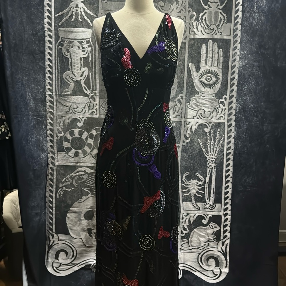 Marina black sequined beaded gown w side slit sexy glam prom gala